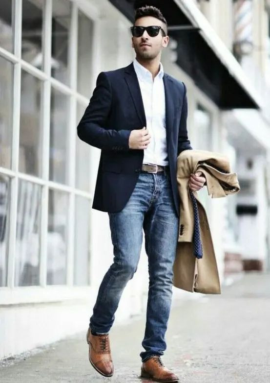 Dark Blue And Navy Suit Jackets Tuxedo, Interview Clothing Ideas With Dark Blue And Navy Jeans, Blazer With Jeans: 