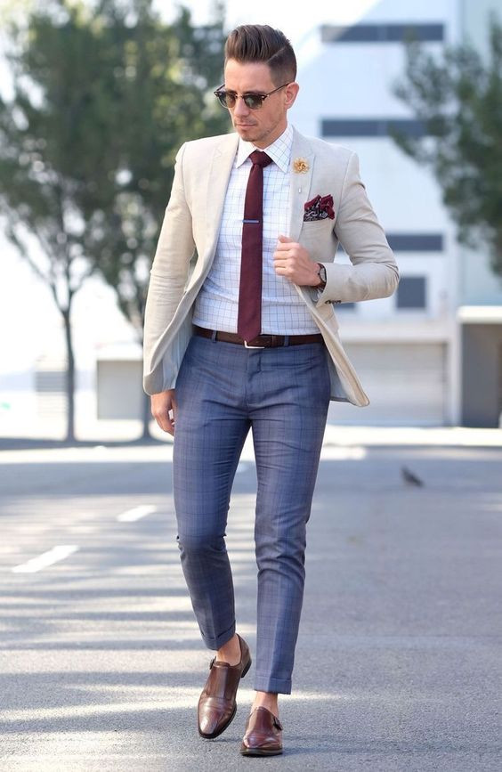 Beige Upper, Men's Prom Outfit Designs With Grey Formal Trouser, Formal Pant: 