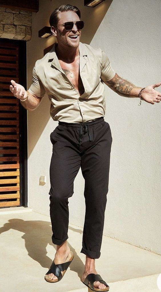 Beige Shirt, Aesthetic Outfit Trends With Black Suit Trouser, Fashion Model: 