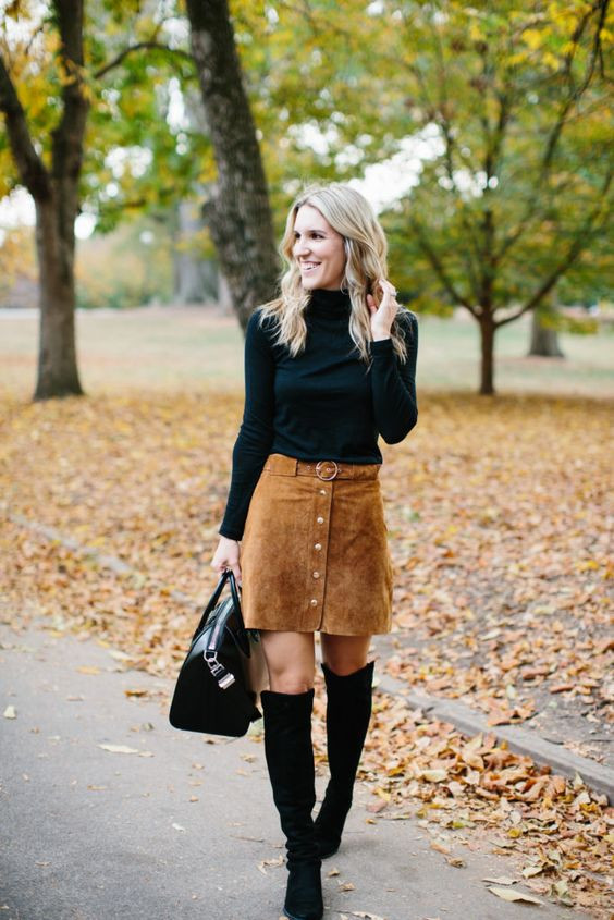 Brown Casual Skirt, Suede Skirt Fashion Trends With Black  Upper, Suede Boots Skirt: 