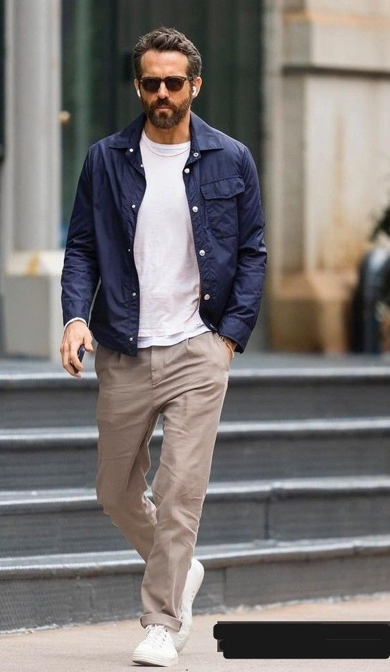 Beige Casual Trouser, Chinos Wardrobe Ideas With Dark Blue And Navy Casual Jacket, Outfit Ideas Men Summer: 