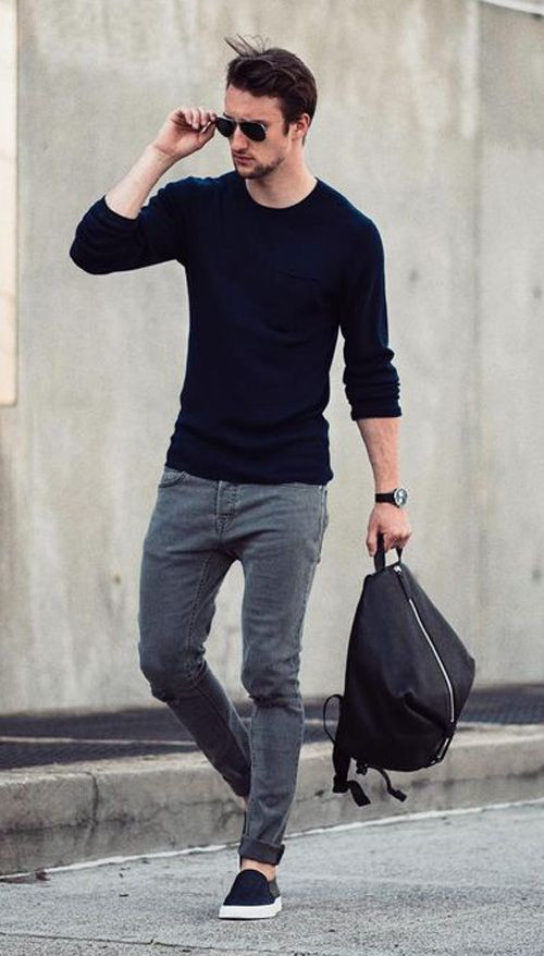 Black Sweater, Men's Ideas With Grey Jeans, Crew Neck Sweater Men Outfit: 