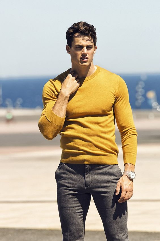 Yellow Polo-shirt, Mustard Sweater Outfits Ideas With Grey Jeans, Pietro Boselli Fashion: 