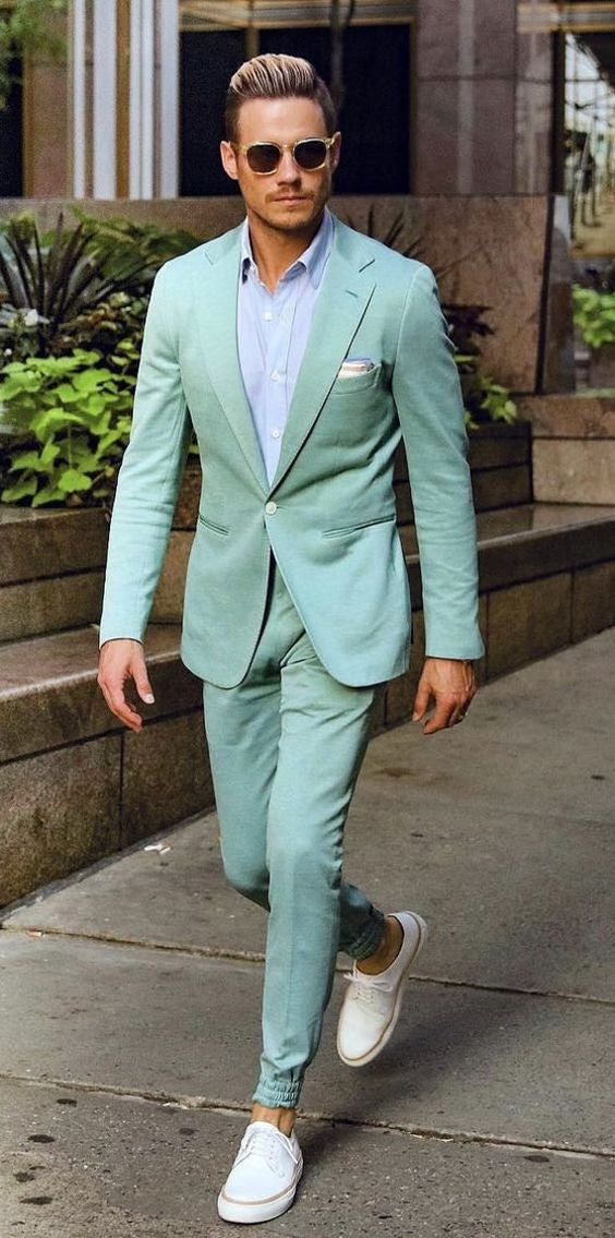 Green Suit Jackets And Tuxedo, Interview Fashion Wear With Light Blue Casual Trouser, Mint Green Suit Men's: 