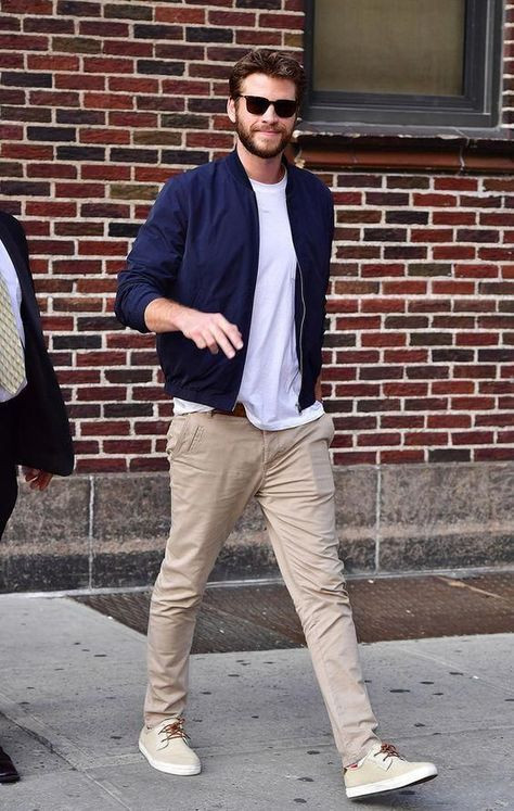 Beige Sweat Pant, Chinos Outfits With Dark Blue And Navy Bomber Jacket, Men Casual Fashion: 