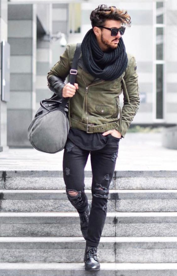 Green Winter Jacket, Stylish Boot Outfit Ideas With Grey Leather Trouser, Ripped Jeans Men Style: 