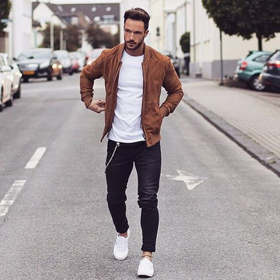 Brown Harrington Jacket, Bomber Jacket Fashion Trends With Black Jeans, Nice Men's Outfits: 
