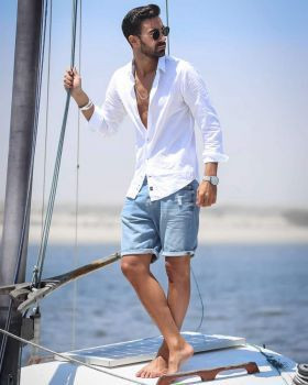 White Shirt, Boating Fashion Ideas With Light Blue Denim Short, Shorts Long Sleeve Shirt: 