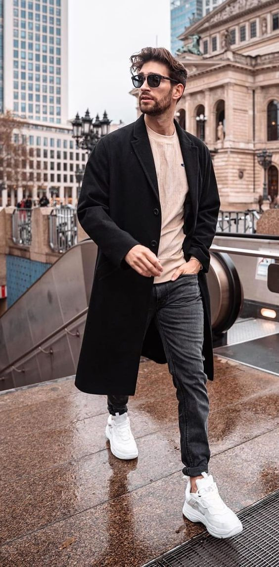 Black Winter Coat, Men's Outfit Designs With Grey Jeans, White Sneaker ...