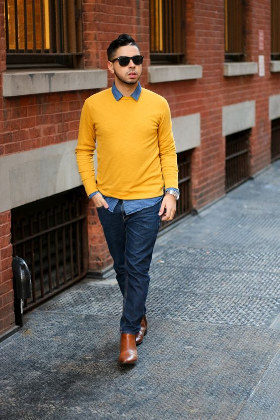 Yellow Sweater, Mustard Sweater Fashion Wear With Dark Blue And Navy Casual Trouser, Yellow Outfit Men: 