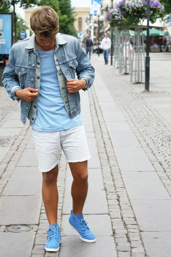 Light Blue Casual Jacket, Stylish Winter Attires Ideas With White Jeans, Denim Jacket Outfit Denim Shorts Men: 