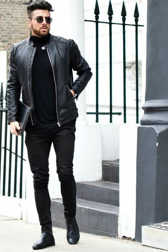 Black Racer Jacket, Men's Outfit Trends With Black Jeans, Black Outfit Men: 