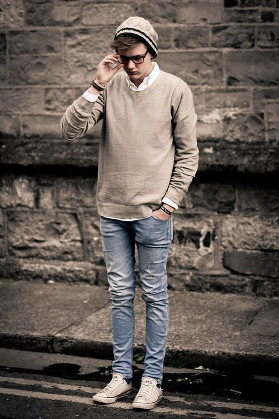 Jo da golf værdi Beige Sweater, Nerd Clothing Ideas With Light Blue Jeans, Grey Converse  Outfit Men | Men's style, converse chuck taylor all star