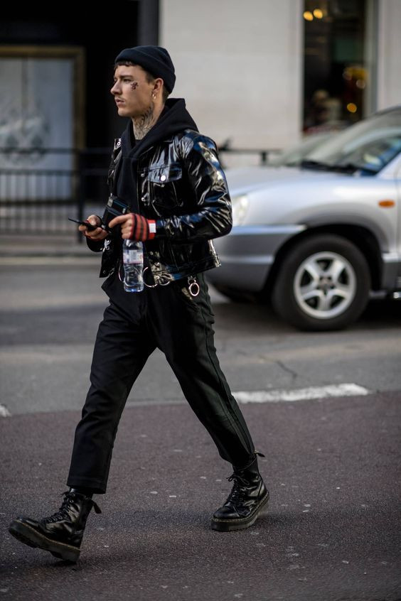 Black Jackets And Coat, Dr. Martens Fashion Trends With Black Leather Trouser, Dr. Martens Paris Fashion Week Street Style Men's: 