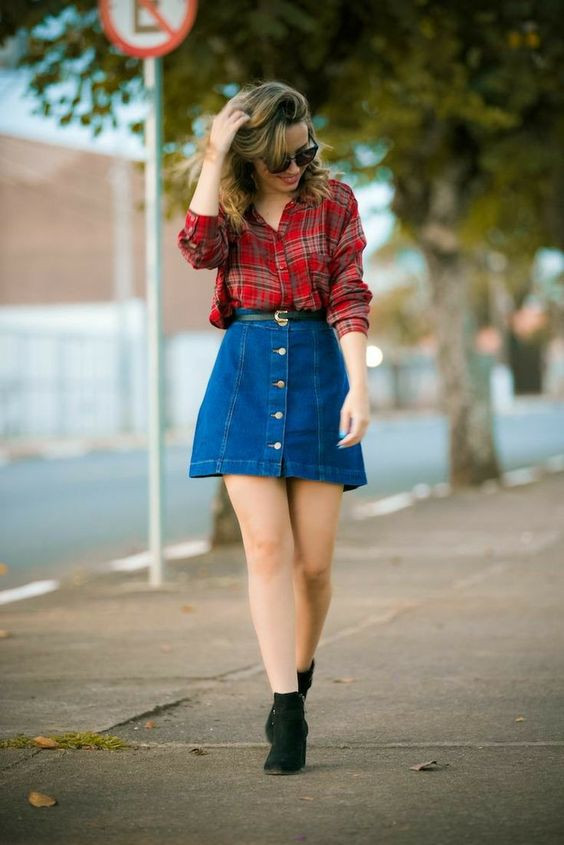 Blue A-line, Suede Skirt Ideas With Shirt, Red Shirt Blue Skirt: 