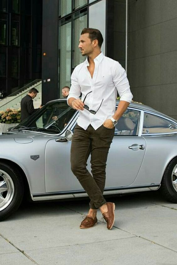 Brown Jeans, Chinos Fashion Tips With White Shirt, Men's Outfits Casual Shirt: 