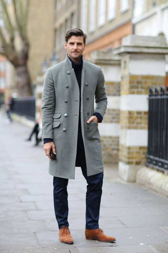 Grey Winter Coat, Pea Coat Attires Ideas With Dark Blue And Navy Casual Trouser, Suit: 