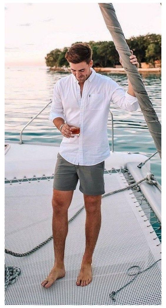 White Shirt, Boating Fashion Wear With Grey Short, Beach Outfits Men: 
