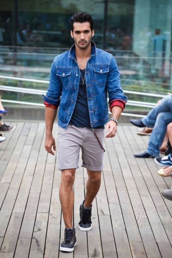 Light Blue Casual Jacket, Stylish Winter Fashion Outfits With Grey Denim Short, Denim Jacket Summer Men: 