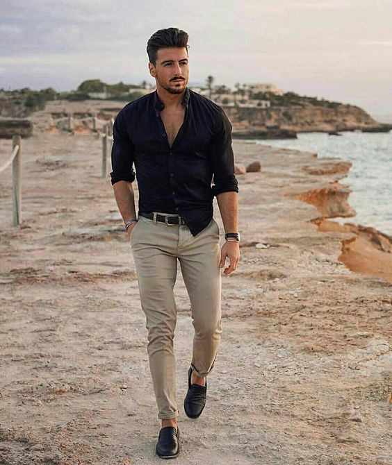 Dark Blue And Navy Denim Shirt, Semi Formal Fashion Wear With Beige Casual Trouser, Black Shirt Outfit Men: 