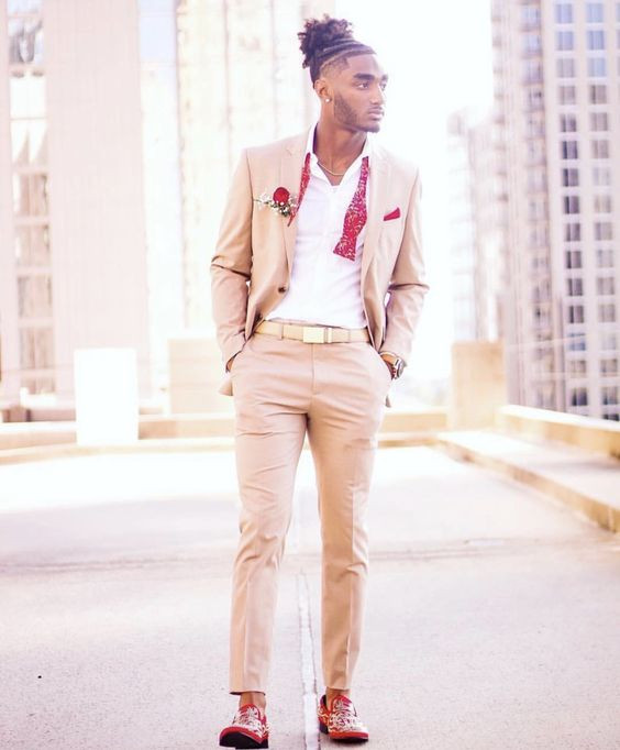 Beige Suit Jackets And Tuxedo, Men's Prom Outfits With Beige Casual Trouser, Blazer: 