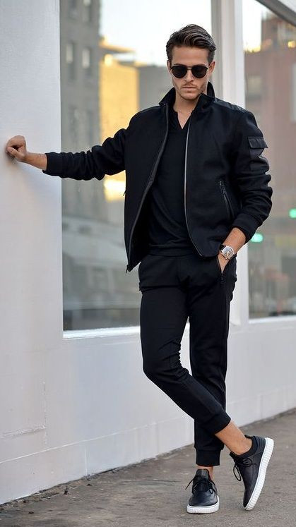 Black Bomber Jacket, Men's Outfit Trends With Black Suit Trouser, Black Monochrome Outfit Men: 