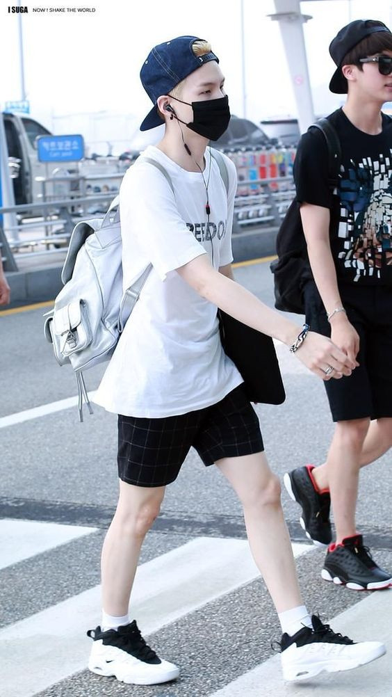 White T-shirt, Korean Fashion Ideas With Black Casual Short, Suga With Shorts: 