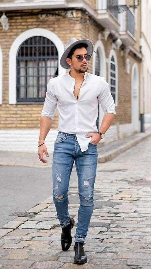 White Denim Shirt, Stylish Black Boots Outfit With Light Blue Casual Trouser, Jeans Pant And Shirt Combination For Man: 