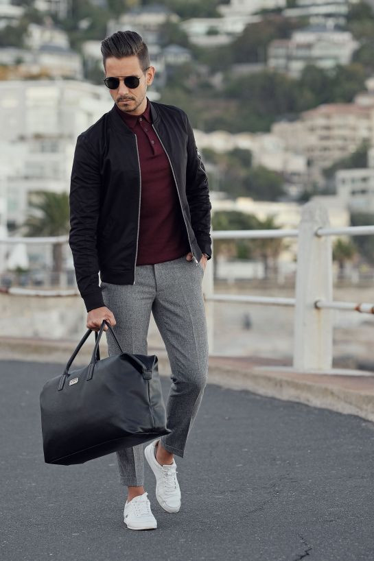 Black Bomber Jacket, Bomber Jacket Ideas With Grey Casual Trouser, Men's gray pants outfits: 