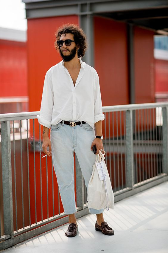 White Shirt, Loafers Fashion Tips With Light Blue Casual Trouser, Cropped Jeans And Loafers Men: 