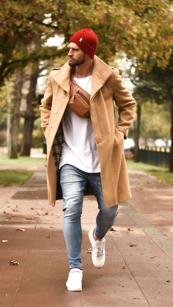 Beige Trench Coat, Beanie Fashion Outfits With Light Blue Jeans, Jeans: 
