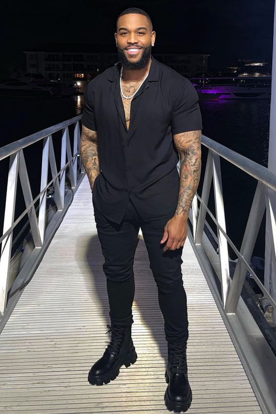 Black Shirt, Clubbing Fashion Outfits With Black Sweat Pant, Fashion Model  | Casual wear, fashion nova, mens fashion nova dawson short sleeve woven top