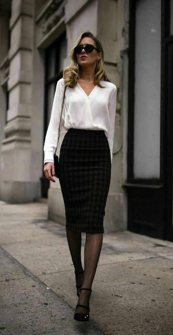 White Cropped Blouse, Office Fashion Ideas With Black Pencil And Straight, Business Style Women: 