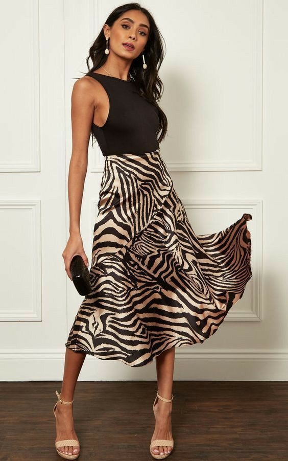 A-line, Slip Skirt Fashion Tips With Black Crop Top, Zebra Silk Skirt: 