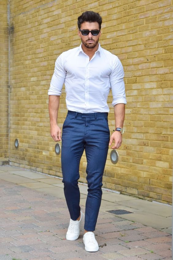 Dark Blue And Navy Jeans, Chinos Outfits With Light Blue Shirt, White Shoes On Formal Dress: 