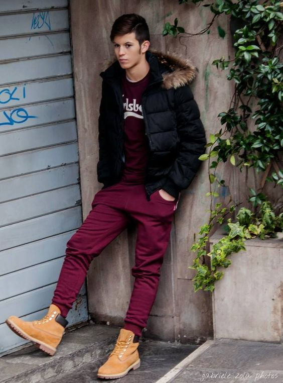 Black Winter Jacket, Timberland Boot Fashion Ideas With Sweat Pant, Jeans: 