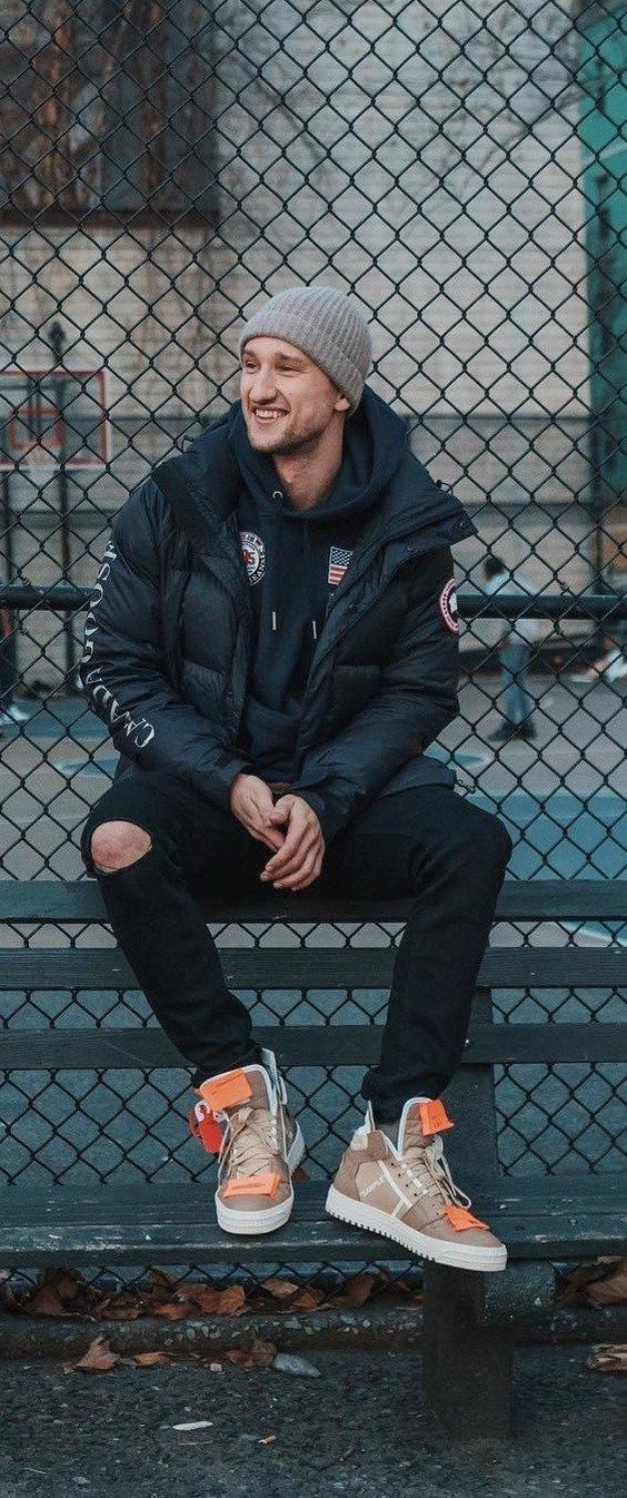 Black Puffer Jacket, Beanie Fashion Trends With Black Jeans, Puffer Jacket Street Style Men: 