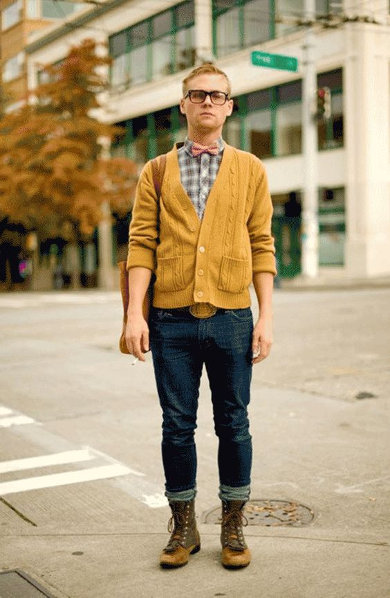 Yellow Cardigan, Nerd Outfits With Dark Blue And Navy Casual Trouser, Autumn Men Look: 