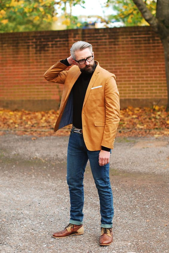 Yellow Suit Jackets And Tuxedo, Valentine's Day Fashion Outfits With Dark Blue And Navy Casual Trouser, Turtle Neck Blazer Jeans: 