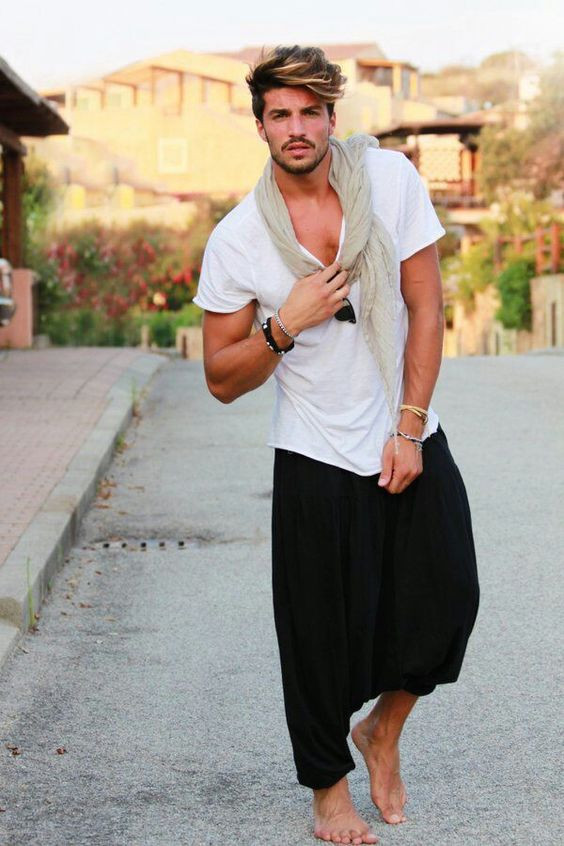 White T-shirt, Boho Fashion Ideas With Black Casual Trouser, Mariano Di Vaio Feet: 