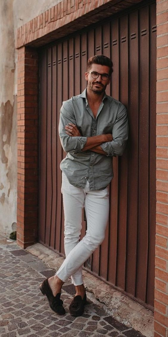 Light Blue Shirt, Semi Formal Fashion Outfits With White Casual Trouser, Instagram Casual Men's Fashion: 