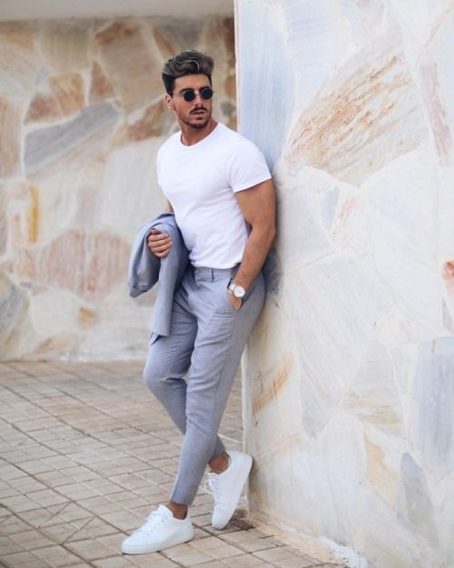 White T-shirt, Interview Outfit Designs With Grey Suit Trouser, Men's Trousers And Trainers: 