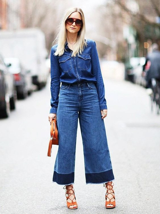 Dark Blue And Navy Casual Trouser, Culottes Outfits Ideas With Dark Blue And Navy Denim Shirt, Wide Leg Jeans: 