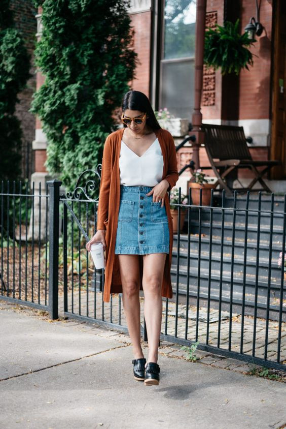 Light Blue Pencil And Straight, Suede Skirt Outfit Trends With White Crop Top, Denim Skirt And Cardigan: 