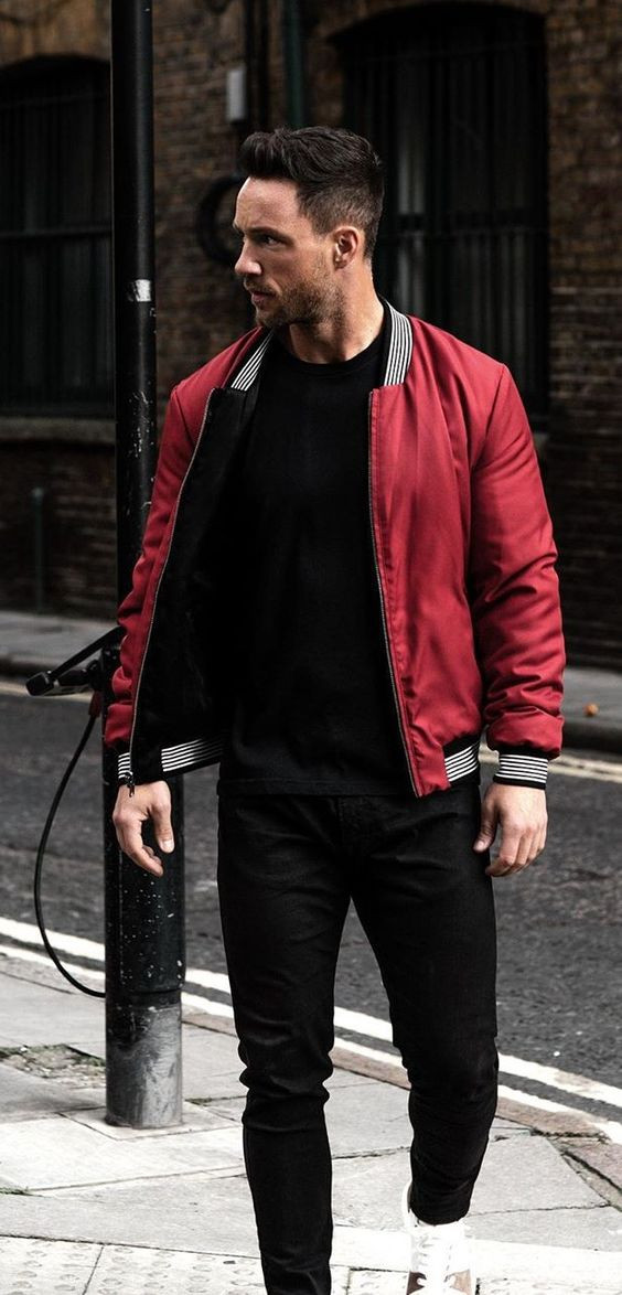 Red Bomber Jacket, Bomber Jacket Outfits Ideas With Black Casual Trouser, Red Jacket Outfit Men: 
