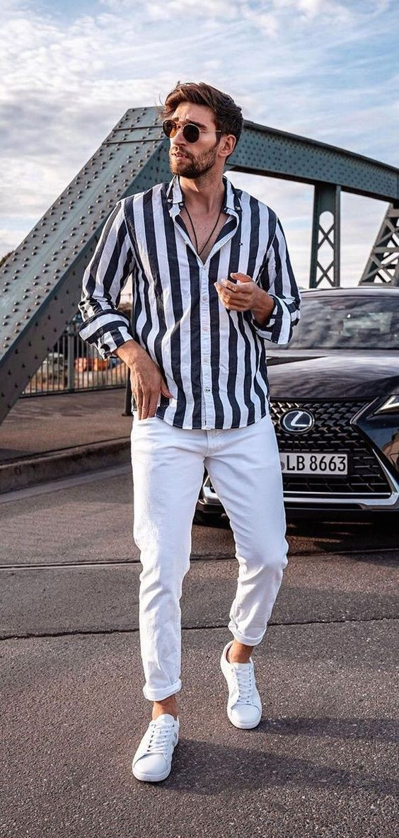 Shirt, Men's Outfits Ideas With White Casual Trouser, Striped Shirt For Men: 