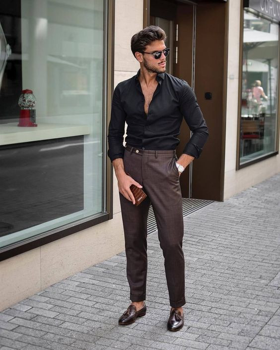 Black Shirt, Loafers Attires Ideas With Brown Casual Trouser, Italian ...