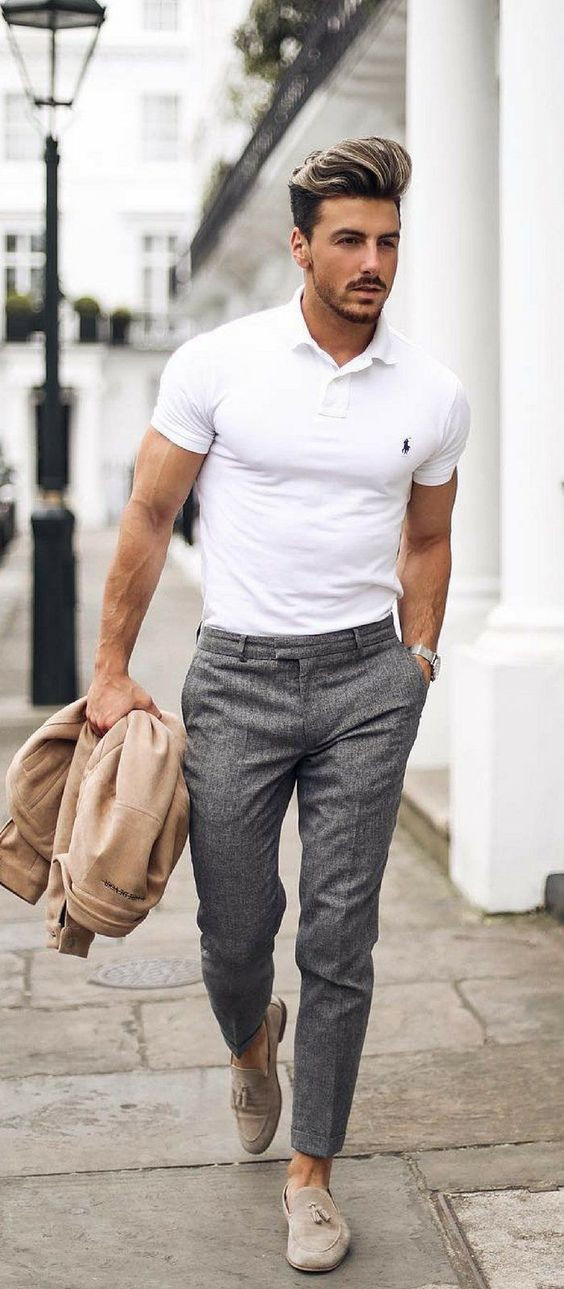 White Polo-shirt, Clubbing Ideas With Grey Suit Trouser, Best Men's Summer Outfits: 
