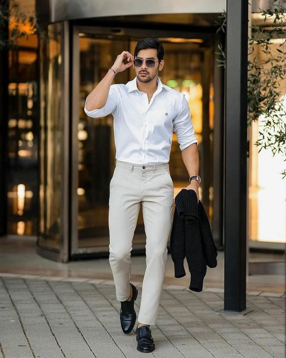 White Shirt, Valentine's Day Outfits With beige chinos Trouser, Look ...