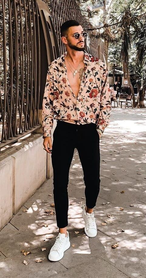 Shirt, Aesthetic Outfits Ideas With Black Casual Trouser, Floral Shirt Men Outfit: 